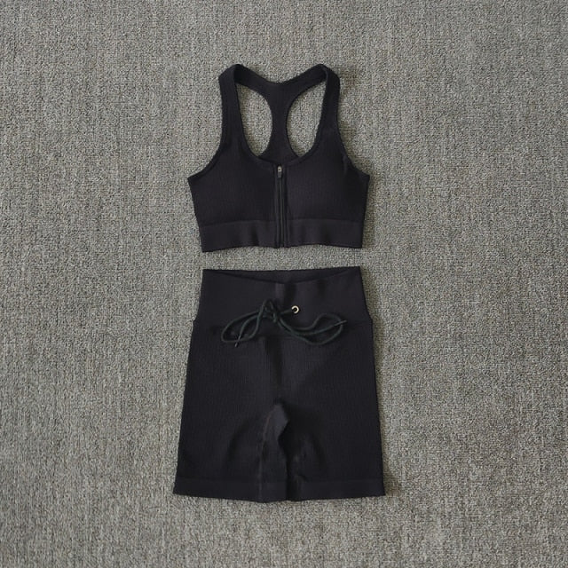 Seamless Yoga Set Workout Shirts Sport Pants Bra Gym Clothing Tracksuit Drawstring High Waist Running Leggings Fitness Suit