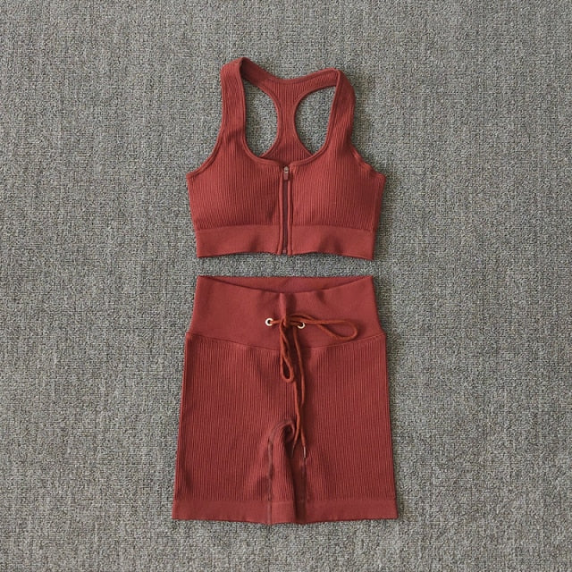 Seamless Yoga Set Workout Shirts Sport Pants Bra Gym Clothing Tracksuit Drawstring High Waist Running Leggings Fitness Suit