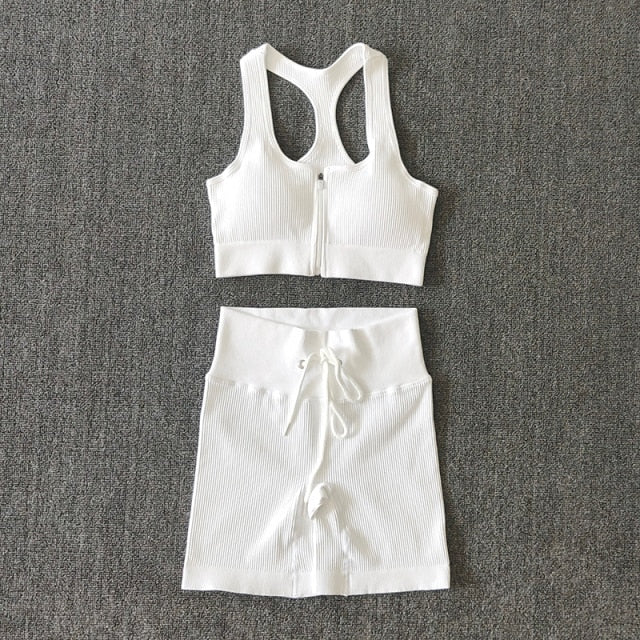 Seamless Yoga Set Workout Shirts Sport Pants Bra Gym Clothing Tracksuit Drawstring High Waist Running Leggings Fitness Suit