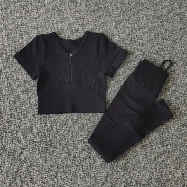 Seamless Yoga Set Workout Shirts Sport Pants Bra Gym Clothing Tracksuit Drawstring High Waist Running Leggings Fitness Suit