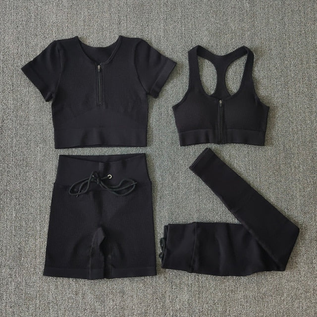 Seamless Yoga Set Workout Shirts Sport Pants Bra Gym Clothing Tracksuit Drawstring High Waist Running Leggings Fitness Suit