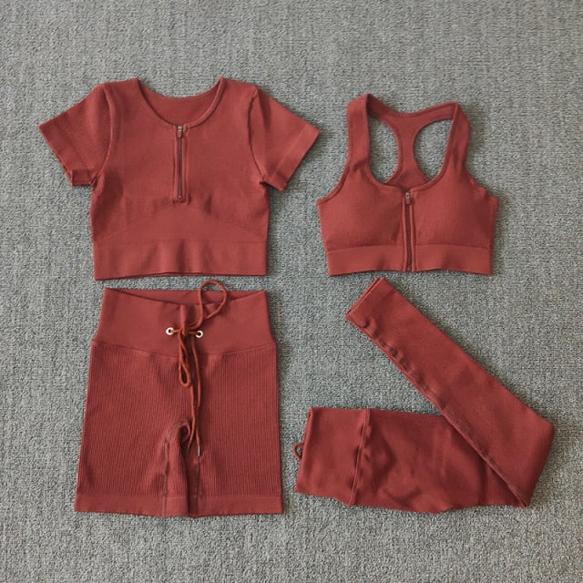 Seamless Yoga Set Workout Shirts Sport Pants Bra Gym Clothing Tracksuit Drawstring High Waist Running Leggings Fitness Suit
