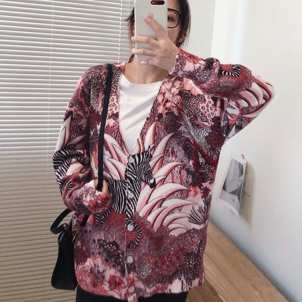 Women Oversized Clothing Wool Blend Long Cardigans Sweater Spring Autumn Print Pattern Knitted Coat Knitwear C-263
