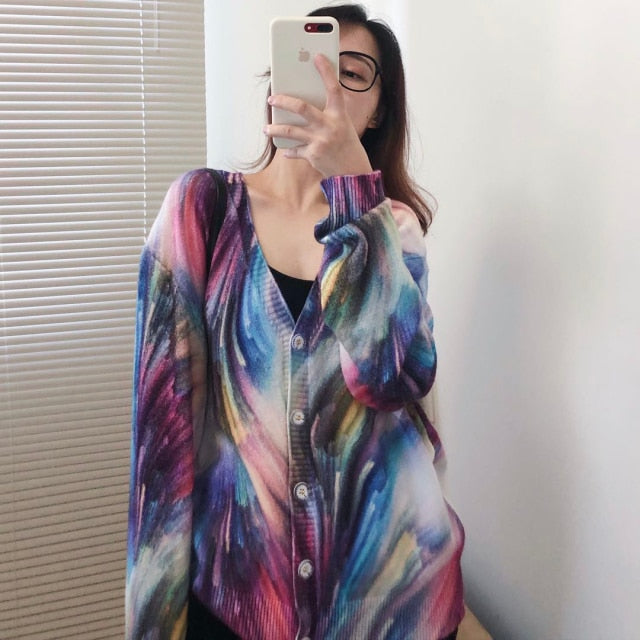 Women Oversized Clothing Wool Blend Long Cardigans Sweater Spring Autumn Print Pattern Knitted Coat Knitwear C-263