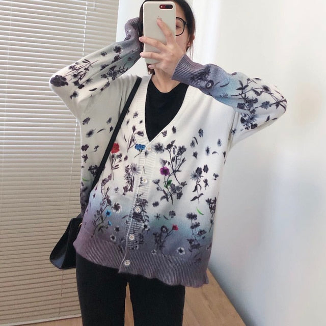 Women Oversized Clothing Wool Blend Long Cardigans Sweater Spring Autumn Print Pattern Knitted Coat Knitwear C-263