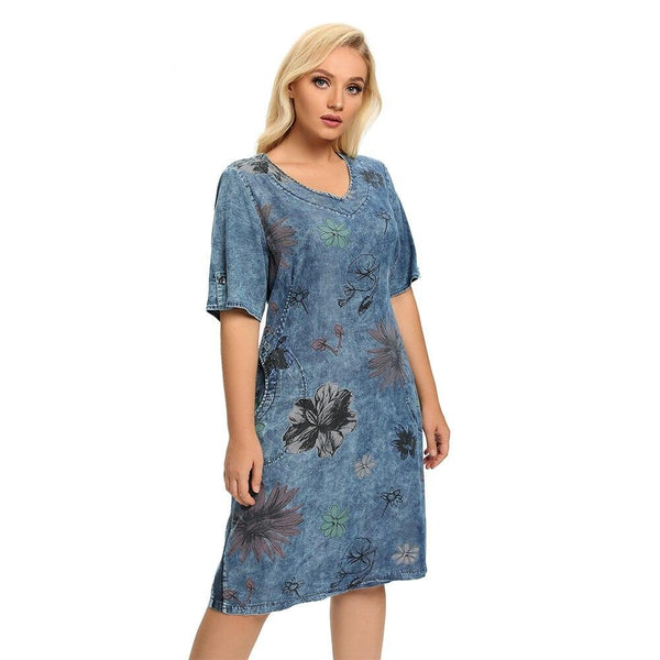 Women's Plus Size Denim Dress Summer Slim Fit Dress Casual Dress Printed Woven Denim Short Sleeve Knee-Length