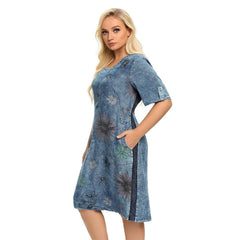 Women's Plus Size Denim Dress Summer Slim Fit Dress Casual Dress Printed Woven Denim Short Sleeve Knee-Length