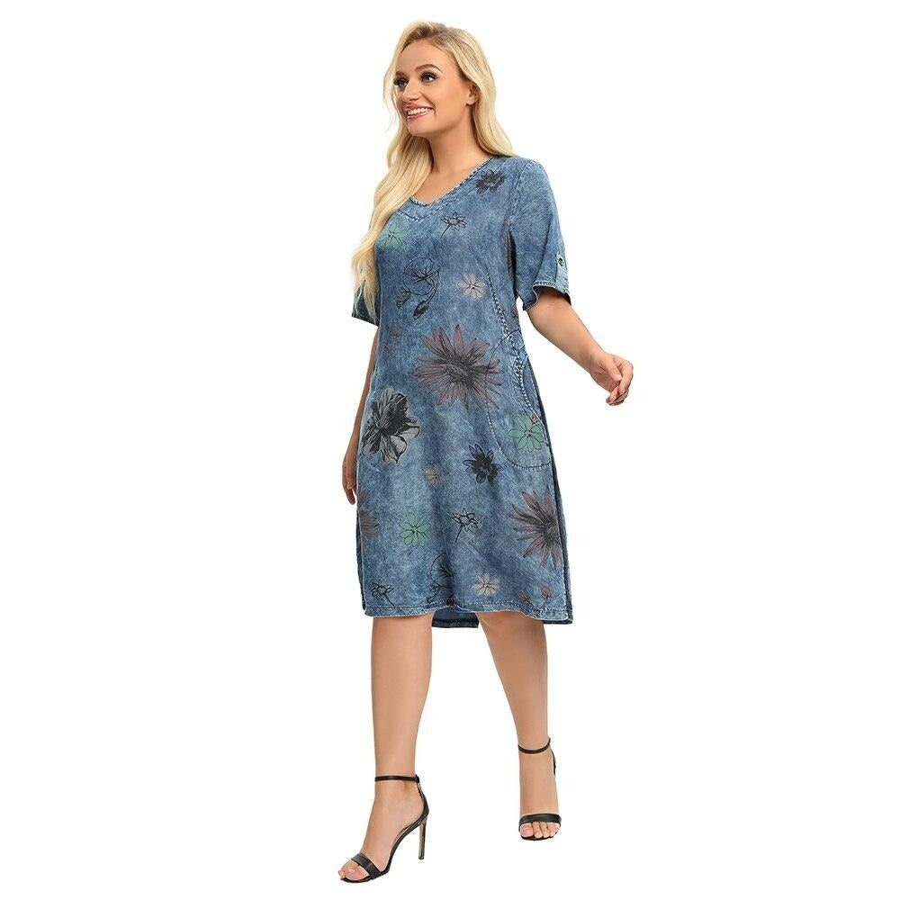 Women's Plus Size Denim Dress Summer Slim Fit Dress Casual Dress Printed Woven Denim Short Sleeve Knee-Length