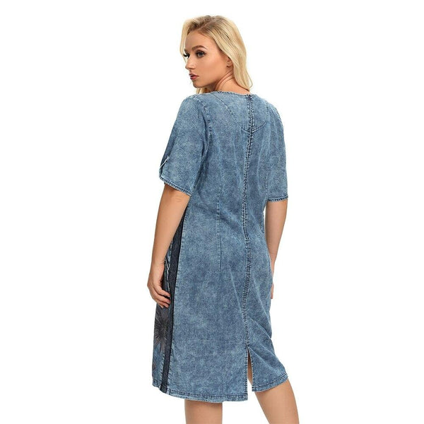 Women's Plus Size Denim Dress Summer Slim Fit Dress Casual Dress Printed Woven Denim Short Sleeve Knee-Length