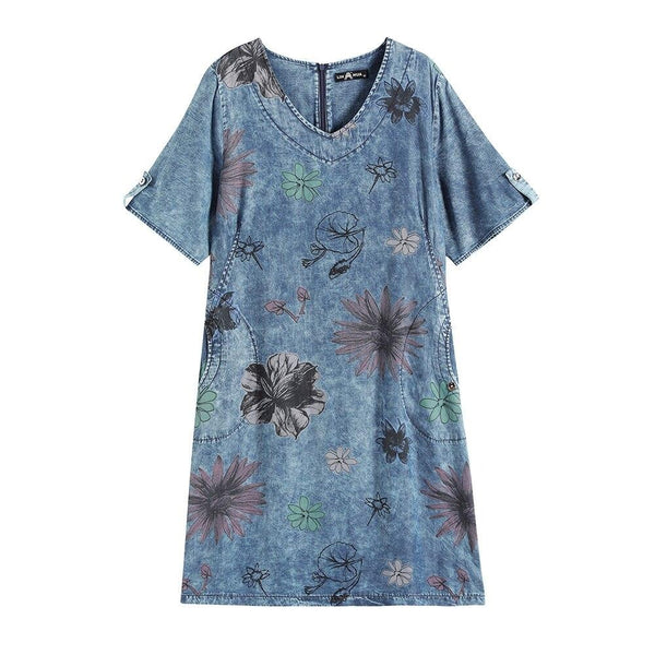 Women's Plus Size Denim Dress Summer Slim Fit Dress Casual Dress Printed Woven Denim Short Sleeve Knee-Length