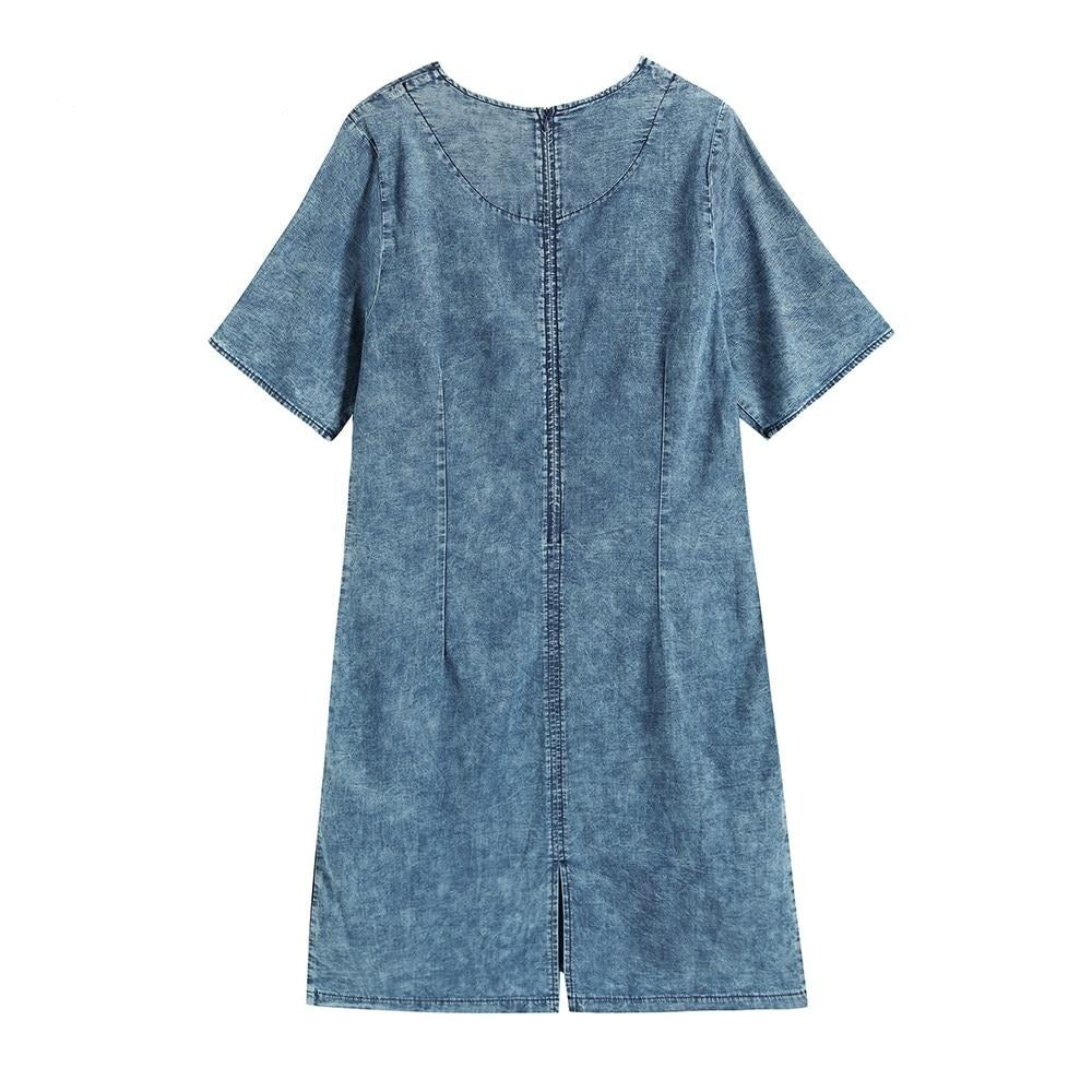 Women's Plus Size Denim Dress Summer Slim Fit Dress Casual Dress Printed Woven Denim Short Sleeve Knee-Length