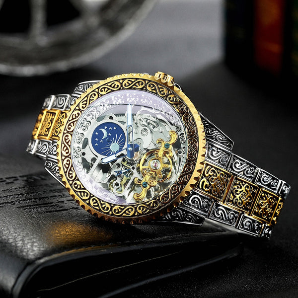 Tourbillon Watch for Men Mechanical Skeleton Mens Watches Top Brand Luxury Engraved Vintage Moon Phase Steel Strap