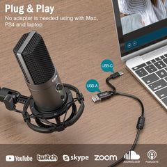 USB C&A Gaming Streaming Microphone Kit for PC Computer, Arm Stand Mute Button&Gain,Studio Mic for Podcast Recording