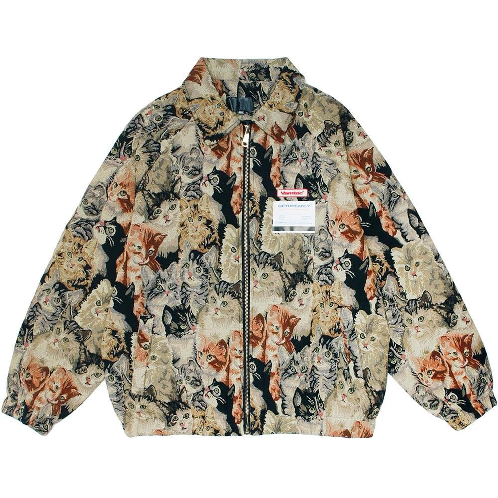 Jacket Men Cute Cat Painting Printed Zipper Coat Autumn Loose Casual Retro Cool Hip Hop Style Outwear Couple Streetwear