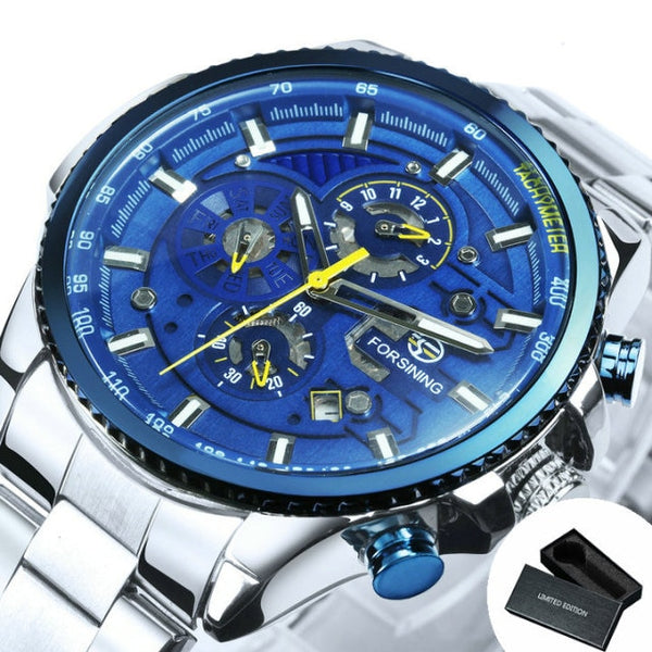 Sport Watches For Men Automatic Watches Mens Military Watch Multi Function Blue Stainless Steel Strap Calendar