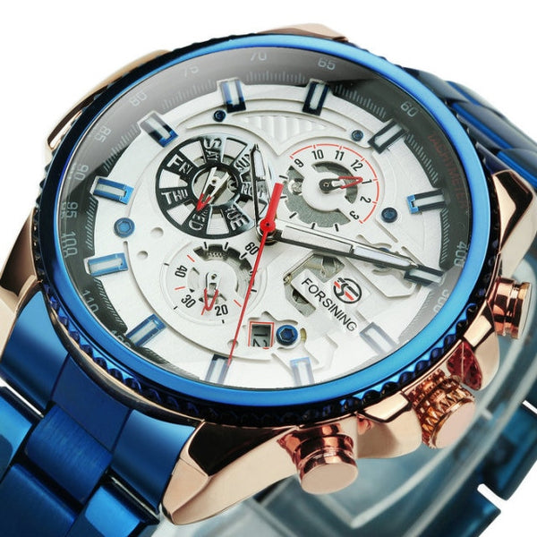 Sport Watches For Men Automatic Watches Mens Military Watch Multi Function Blue Stainless Steel Strap Calendar