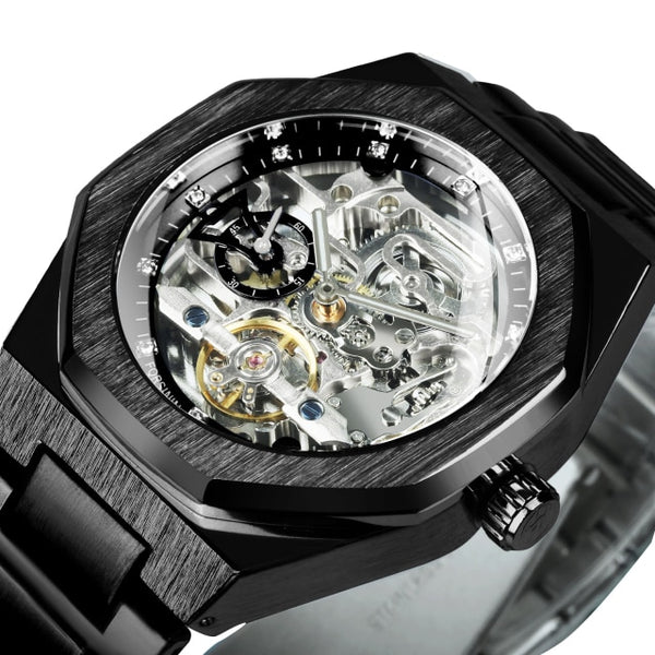 Tourbillion Mechanical Watch for Men Automatic Steel Strap Skeleton Mens Watches Top Brand Luxury