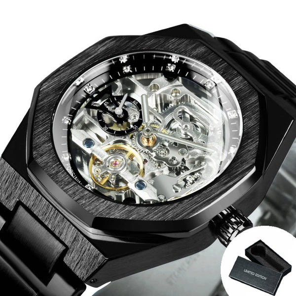 Tourbillion Mechanical Watch for Men Automatic Steel Strap Skeleton Mens Watches Top Brand Luxury