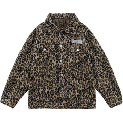 Hip Hop Jacket Coat Men Furry Leopard Print Multi-Pocket Outwear Loose Retro Rock Hipster High Street Jacket Streetwear