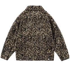 Hip Hop Jacket Coat Men Furry Leopard Print Multi-Pocket Outwear Loose Retro Rock Hipster High Street Jacket Streetwear