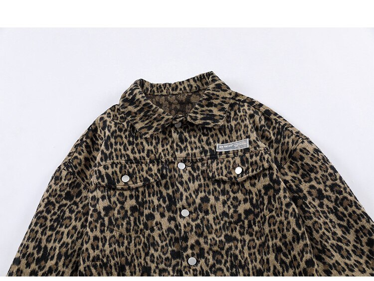 Hip Hop Jacket Coat Men Furry Leopard Print Multi-Pocket Outwear Loose Retro Rock Hipster High Street Jacket Streetwear