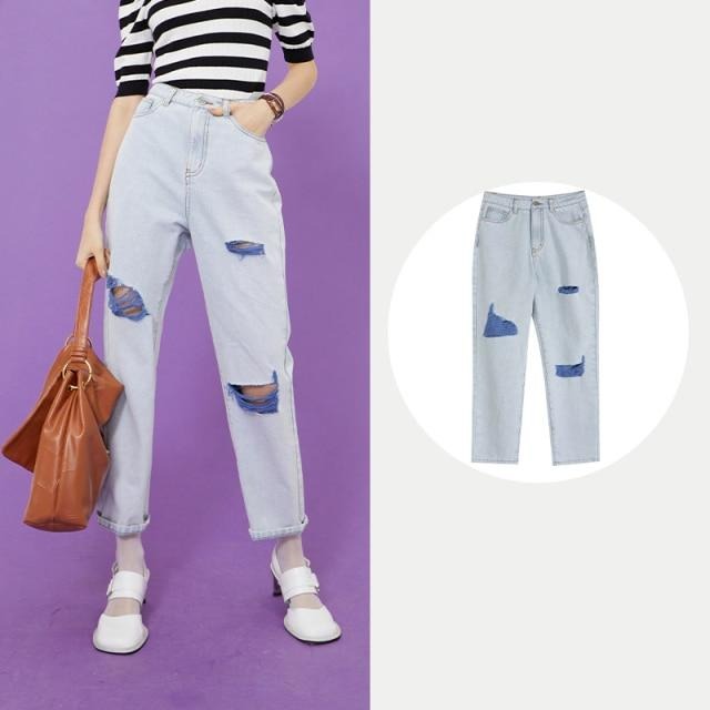 Solid High Waist Washed Casual Denim Jeans Women,Summer Pure Ripped Hole Minimalist Ladies Basic Daily Trouser | Vimost Shop.