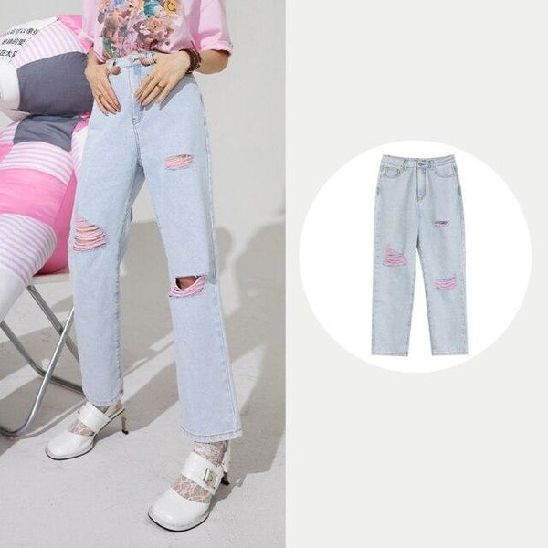 Solid High Waist Washed Casual Denim Jeans Women,Summer Pure Ripped Hole Minimalist Ladies Basic Daily Trouser | Vimost Shop.