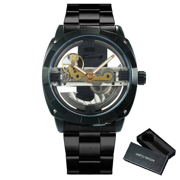 Men Transparent Design Mechanical Watch Automatic Silver Square Gold Gear Skeleton Stainless Steel Wristwatch Classic
