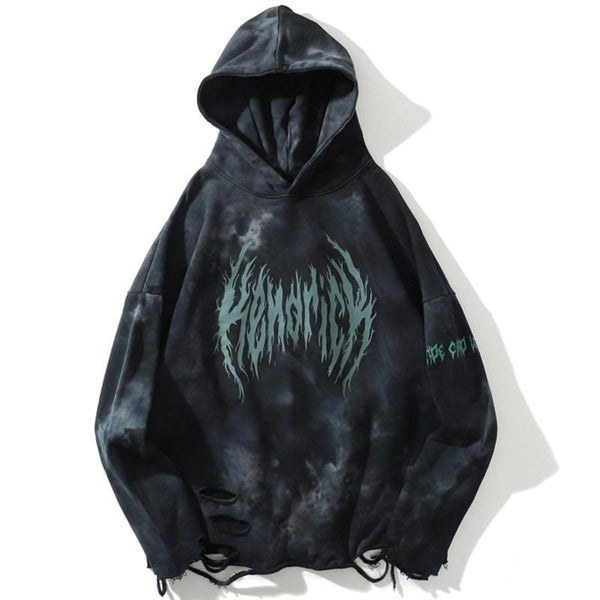 Hoodie Men Tie Dye Punk Graphic Print Hole Ripped Hooded Pullover Autumn Oversize Hipster High Street Couple Streetwear