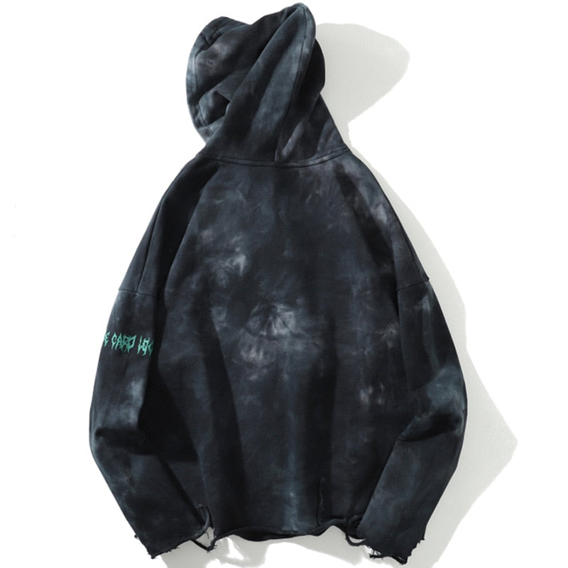 Hoodie Men Tie Dye Punk Graphic Print Hole Ripped Hooded Pullover Autumn Oversize Hipster High Street Couple Streetwear