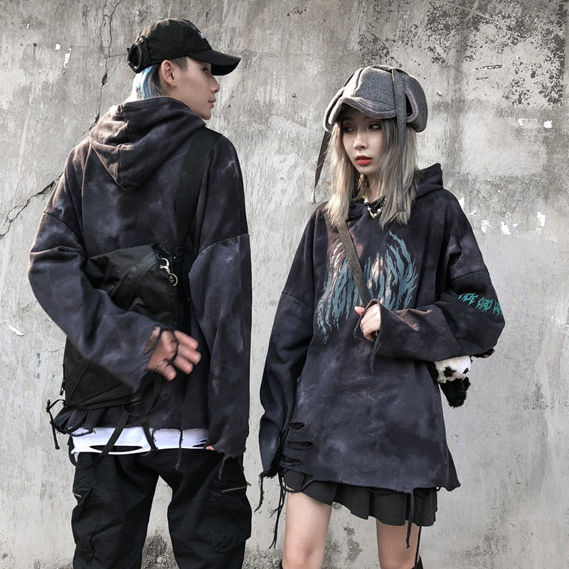 Hoodie Men Tie Dye Punk Graphic Print Hole Ripped Hooded Pullover Autumn Oversize Hipster High Street Couple Streetwear