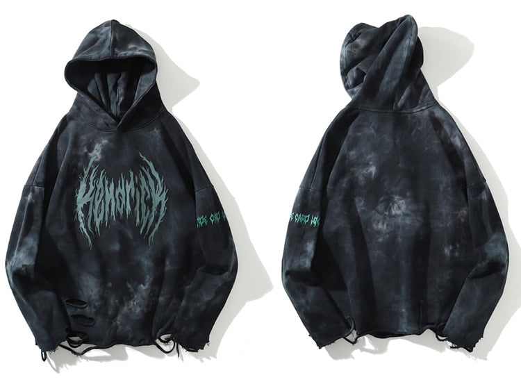 Hoodie Men Tie Dye Punk Graphic Print Hole Ripped Hooded Pullover Autumn Oversize Hipster High Street Couple Streetwear