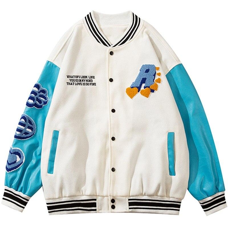 Jacket Men Furry Patches Leather Patchwork Color Oversized Bomber Coats Couple All-match College Style Baseball Outwear