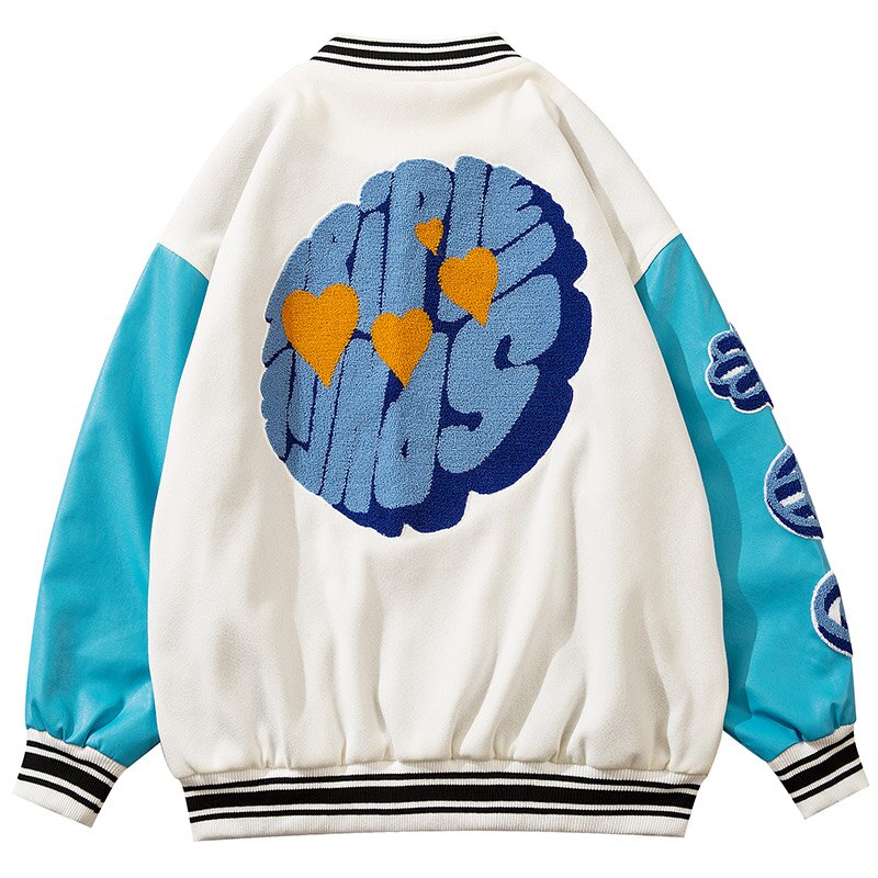 Jacket Men Furry Patches Leather Patchwork Color Oversized Bomber Coats Couple All-match College Style Baseball Outwear