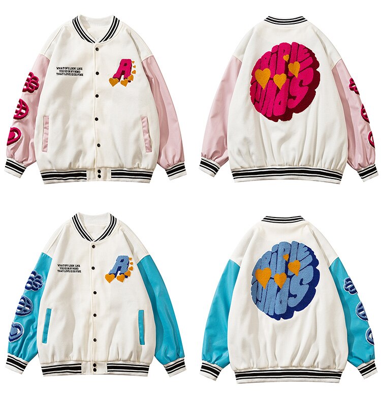 Jacket Men Furry Patches Leather Patchwork Color Oversized Bomber Coats Couple All-match College Style Baseball Outwear