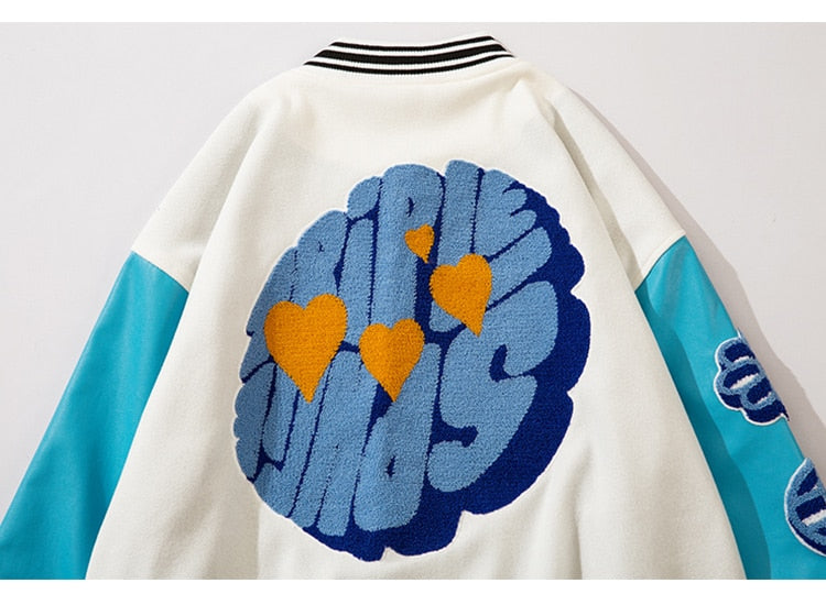 Jacket Men Furry Patches Leather Patchwork Color Oversized Bomber Coats Couple All-match College Style Baseball Outwear