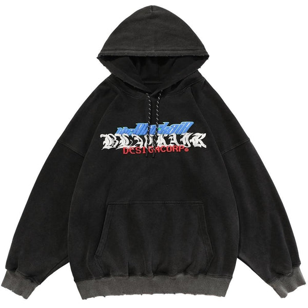 Hoodie Sweatshirts Men Hit Color Letter Patch Streetwear Baggy Hooded Distressed Retro Punk High Street Pullover Autumn