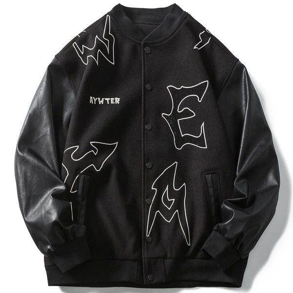 Punk Graphic Letter Embroidery Leather Patchwork Baseball Jacket Men High Street College Style Bomber Coats Streetwear