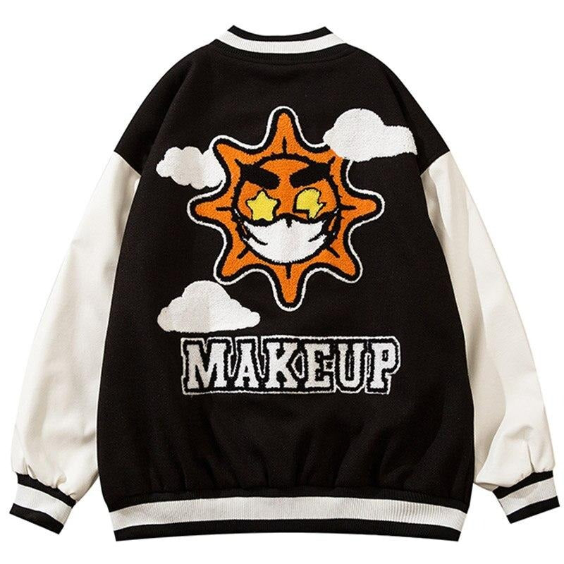 Jacket Men Cartoon Furry Sun Cloud Patch Patchwork Bomber Coats Loose Hip Hop Funny High Street Baseball Outwear Autumn