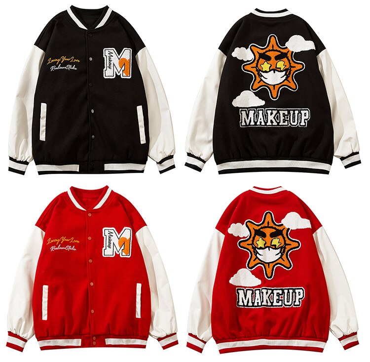 Jacket Men Cartoon Furry Sun Cloud Patch Patchwork Bomber Coats Loose Hip Hop Funny High Street Baseball Outwear Autumn