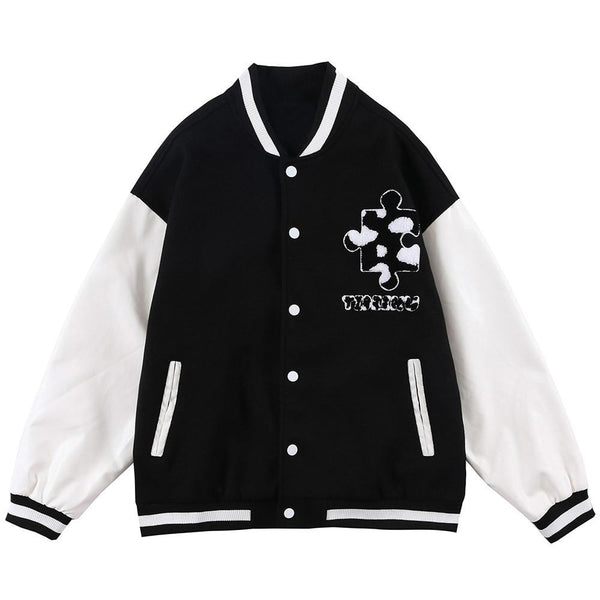Varsity Jacket Men Cow Print Puzzle Letter Patch Bomber Coats Autumn Baggy Hipster College Style Baseball Jacket Couple