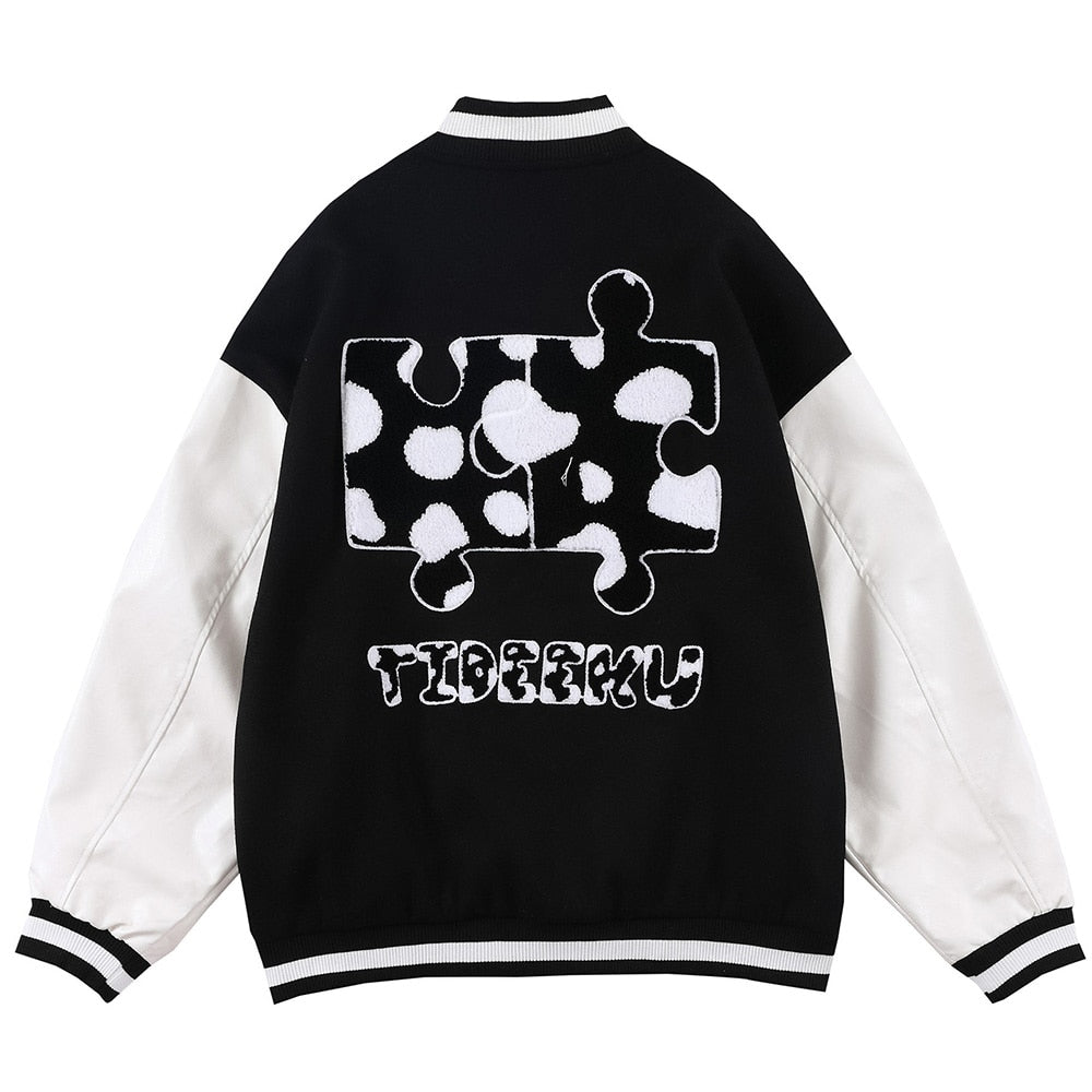 Varsity Jacket Men Cow Print Puzzle Letter Patch Bomber Coats Autumn Baggy Hipster College Style Baseball Jacket Couple