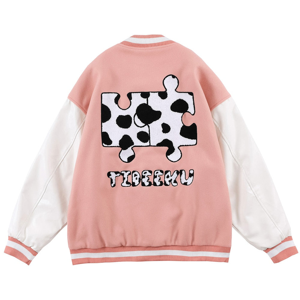 Varsity Jacket Men Cow Print Puzzle Letter Patch Bomber Coats Autumn Baggy Hipster College Style Baseball Jacket Couple