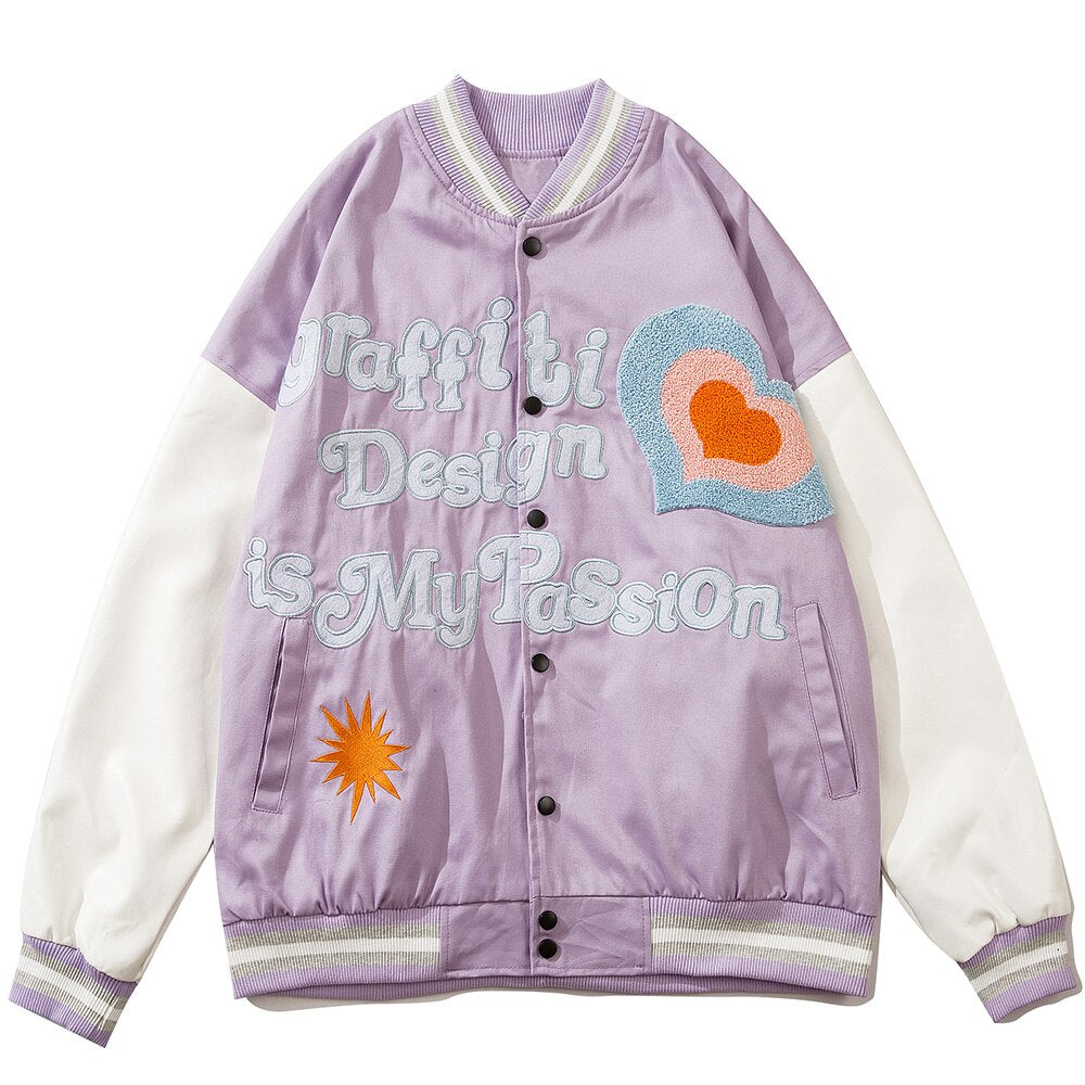 Furry Heart Patch Letter Embroidery Baseball Jacket Couple Varsity Jackets Coats Autumn Fashion Harajuku Streetwear Men