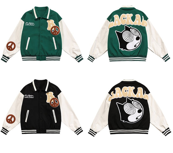 Jacket Men Cartoon Patches Patchwork Color Turn-down Collar Coat Harajuku Vintage College Style Varsity Jackets Outwear