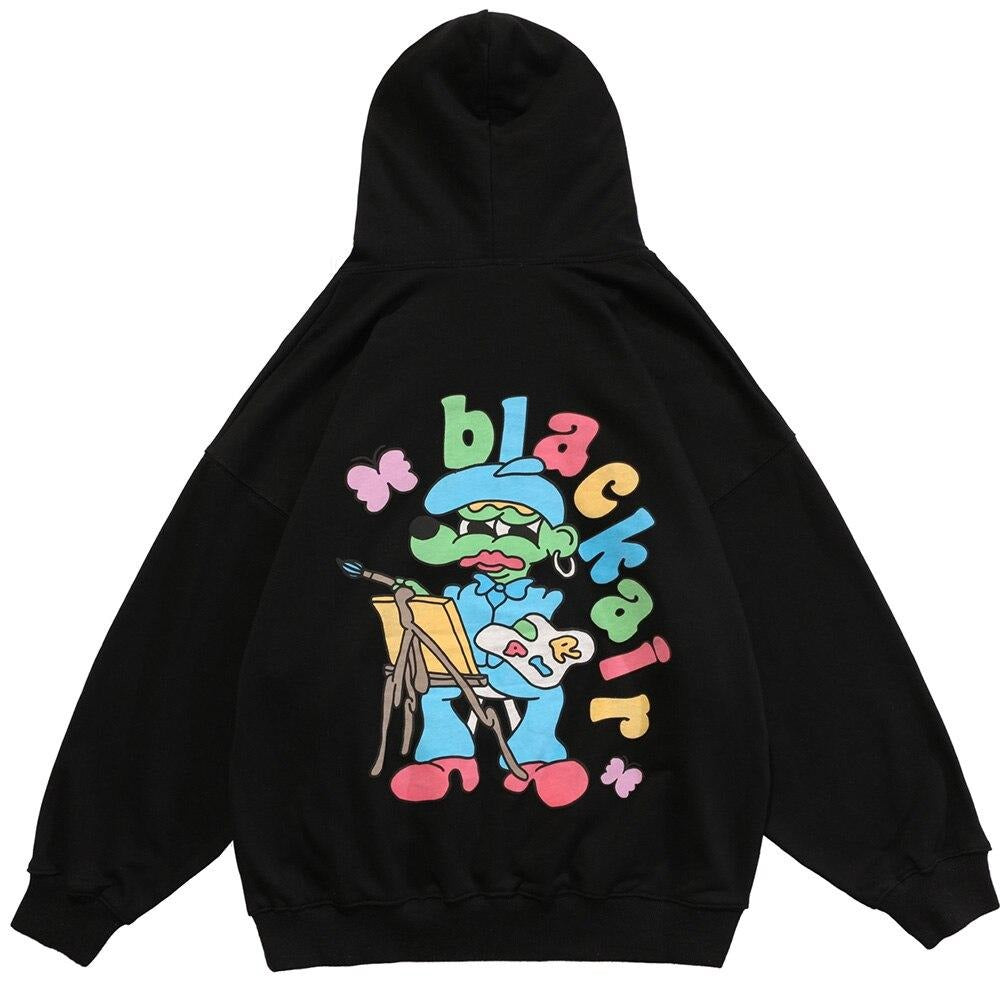 Hoodie Men Cartoon Colorful Printed Furry Letter Patch Pullover Autumn Oversize Hooded Hip Hop College Style Streetwear