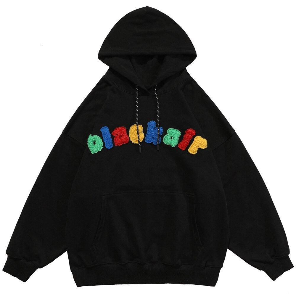 Hoodie Men Cartoon Colorful Printed Furry Letter Patch Pullover Autumn Oversize Hooded Hip Hop College Style Streetwear
