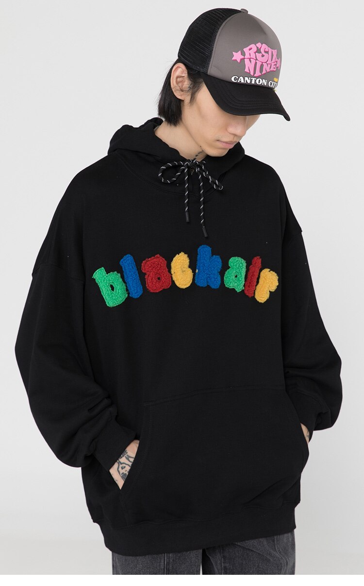 Hoodie Men Cartoon Colorful Printed Furry Letter Patch Pullover Autumn Oversize Hooded Hip Hop College Style Streetwear