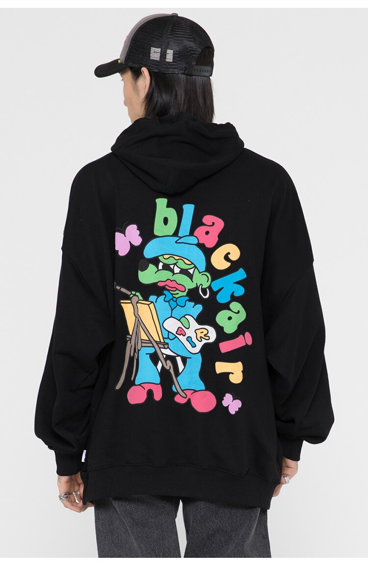 Hoodie Men Cartoon Colorful Printed Furry Letter Patch Pullover Autumn Oversize Hooded Hip Hop College Style Streetwear