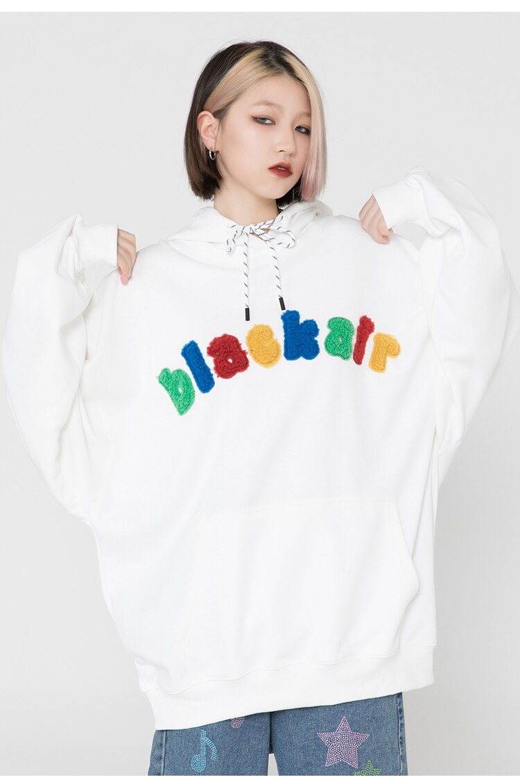 Hoodie Men Cartoon Colorful Printed Furry Letter Patch Pullover Autumn Oversize Hooded Hip Hop College Style Streetwear